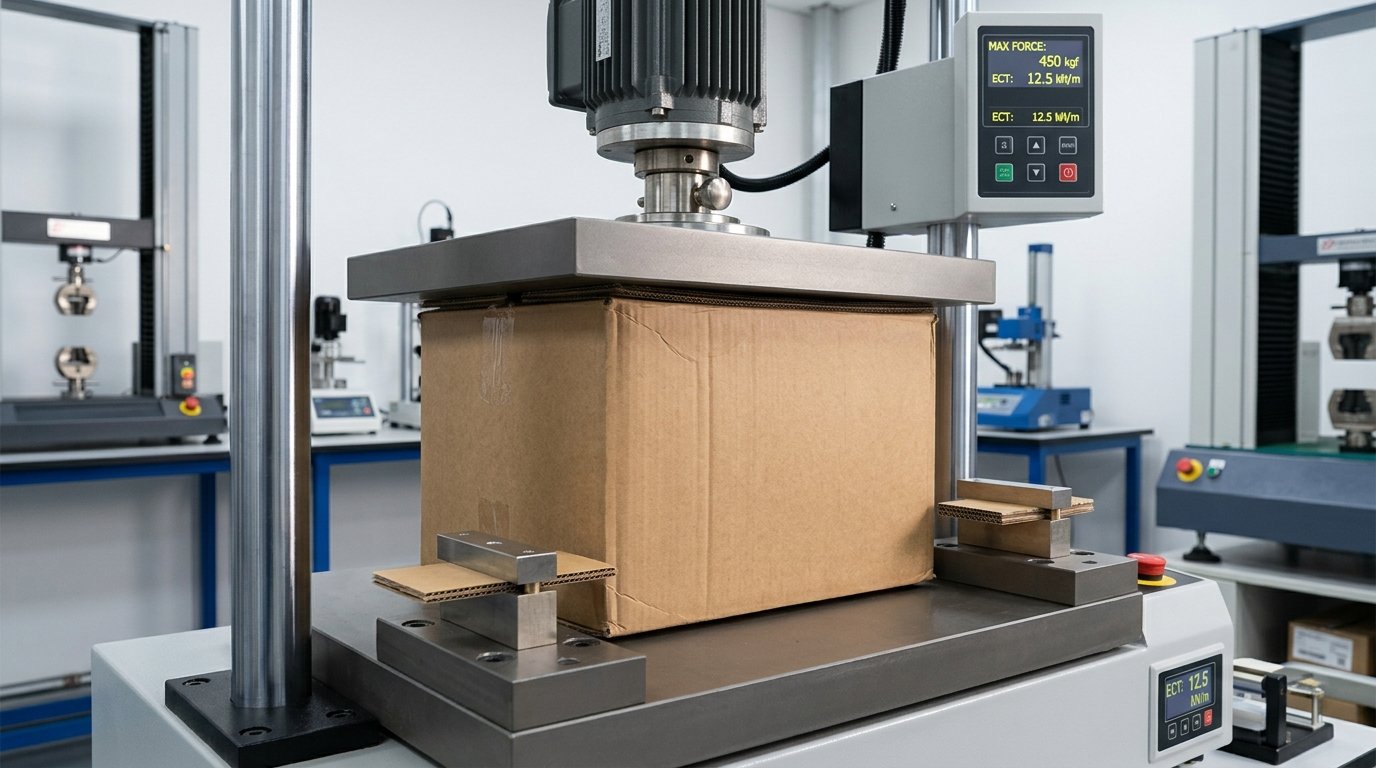 Box Compression Tester evaluating corrugated box stacking load